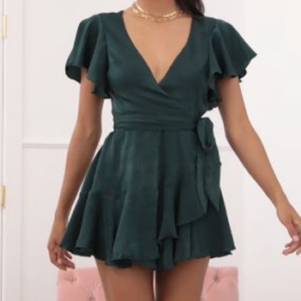 Lucy in the Sky Emerald Green Ruffle Wrap Mini Dress